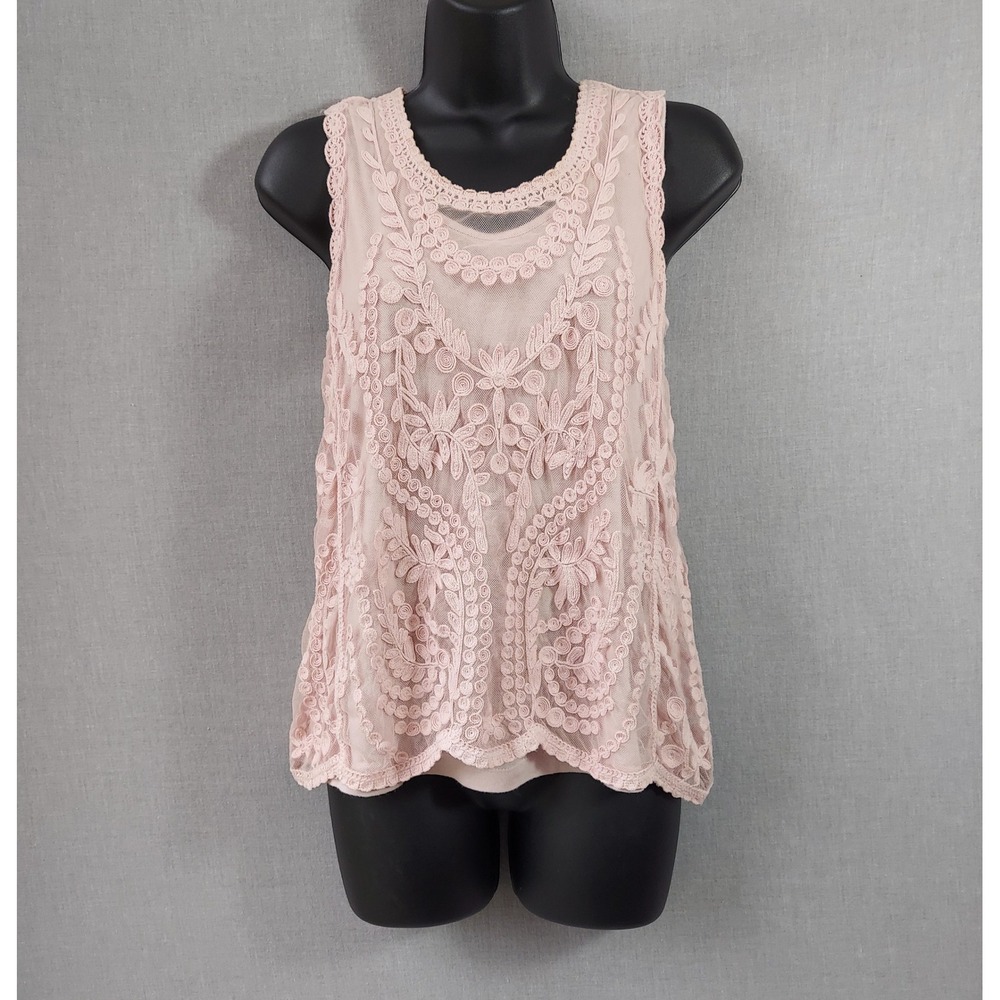 Tribal Jeans Embroidered‎ Mesh Tank Top S Pink Romantic Fairy Cottagecore Boho